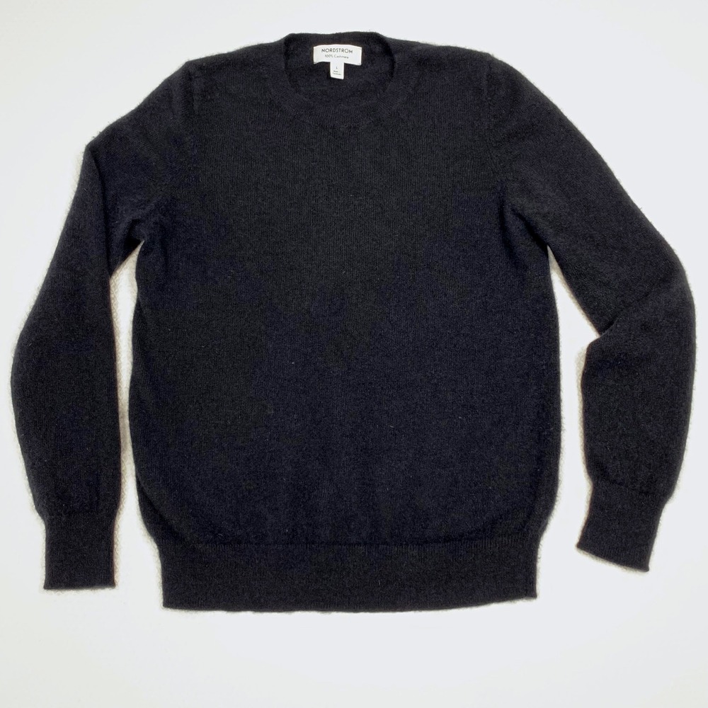 Nordstrom Shrunk Cashmere Sweater Womens L Fits Small Black Crewneck Flawed